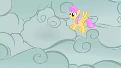 Size: 1280x720 | Tagged: safe, derpibooru import, screencap, sunny rays, pegasus, pony, look before you sleep, background pony, cloud, cloudy, female, flying, mare, smiling, solo