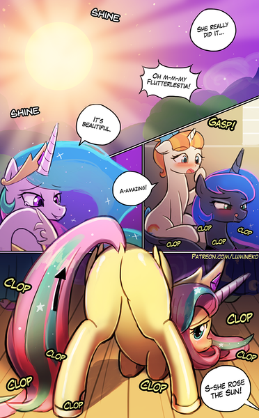 Size: 750x1211 | Tagged: questionable, artist:lumineko, derpibooru import, fluttershy, princess celestia, princess luna, rainbow stars, pegasus, pony, unicorn, horse play, ahegao, bedroom eyes, blushing, blushing profusely, bow, clopping, clothes, comic, cosplay, costume, crying, dialogue, exhibitionism, eyes on the prize, eyes rolling back, face down ass up, fake horn, featureless crotch, female, female focus, flutterbutt, gasp, hair bow, laughing, licking, licking lips, looking at you, looking back, looking back at you, mare, masturbation, nudity, open mouth, plot, praise the sun, public masturbation, raised tail, royal sisters, sex noises, shylestia, smiling, solo focus, speech bubble, spread legs, spread wings, spreading, tail, tail aside, tears of joy, tears of laughter, tears of pleasure, that was fast, tongue out, wingboner, wings