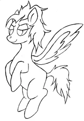 Size: 2180x3128 | Tagged: safe, artist:mjangelvortex, derpibooru import, oc, oc:charred smoke, unofficial characters only, pegasus, pony, female, flying, gift art, lidded eyes, lineart, mare, messy hair, messy mane, smiling, smug, traditional art, wip