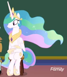 Size: 883x1012 | Tagged: safe, derpibooru import, screencap, princess celestia, alicorn, pony, horse play, cropped, cute, cutelestia, discovery family logo, female, hoof shoes, jewelry, peytral, ponies sitting like humans, regalia, sitlestia, sitting, smiling, stool