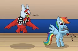 Size: 1100x726 | Tagged: safe, artist:gameboysage, derpibooru import, rainbow dash, latias, pegasus, pony, bipedal, blowing, blowing whistle, crossover, cute, dashabetes, eon flute, female, flute, football, fwee, gym, mare, musical instrument, pokémon, puffy cheeks, rainblow dash, referee, whistle