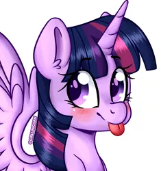 Size: 4629x4917 | Tagged: safe, artist:girlunicorn, derpibooru import, twilight sparkle, twilight sparkle (alicorn), alicorn, pony, :p, absurd resolution, blushing, bust, colored pupils, cute, ear fluff, female, looking back, mare, portrait, silly, simple background, smiling, solo, spread wings, tongue out, twiabetes, white background