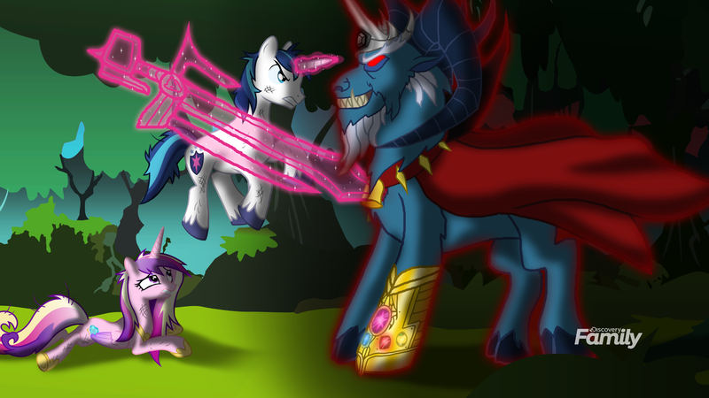 Size: 1920x1080 | Tagged: semi-grimdark, artist:crisostomo-ibarra, derpibooru import, grogar, princess cadance, shining armor, alicorn, pony, unicorn, season 9, avengers: infinity war, cloven hooves, elements of harmony, fake, fake screencap, female, harmony gauntlet, infinity gauntlet, infinity gems, male, mare, spoilers for another series, stallion, thanos, this will end in death, this will end in tears and/or death, thor, you should've gone for the head