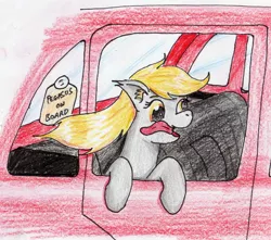 Size: 1868x1649 | Tagged: safe, artist:40kponyguy, derpibooru import, derpy hooves, pegasus, pony, behaving like a dog, car, ear fluff, pony pet, silly, silly pony, solo, tongue out, traditional art, windswept mane