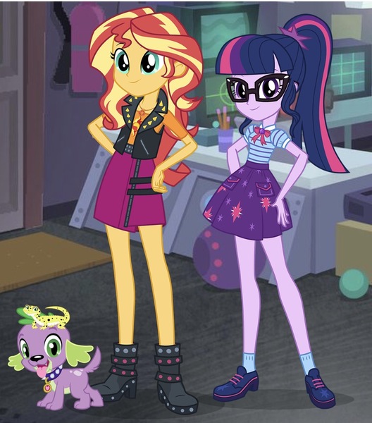 Size: 811x922 | Tagged: safe, artist:cheezedoodle96, derpibooru import, editor:superbobiann, ray, sci-twi, spike, spike the regular dog, sunset shimmer, twilight sparkle, dog, leopard gecko, equestria girls, equestria girls series, bowtie, female, geode of empathy, geode of telekinesis, lesbian, looking at you, magical geodes, scitwishimmer, shipping, spike's dog collar, sunsetsparkle, tongue out