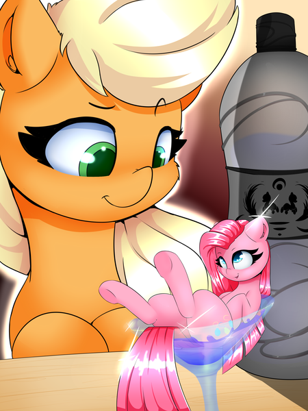 Size: 2400x3200 | Tagged: safe, artist:madacon, derpibooru import, applejack, pinkie pie, earth pony, pony, bar, cocktail glass, cup, cup of pony, cute, diapinkes, glass, looking down, loose hair, martini glass, micro, pinkamena diane pie, size difference