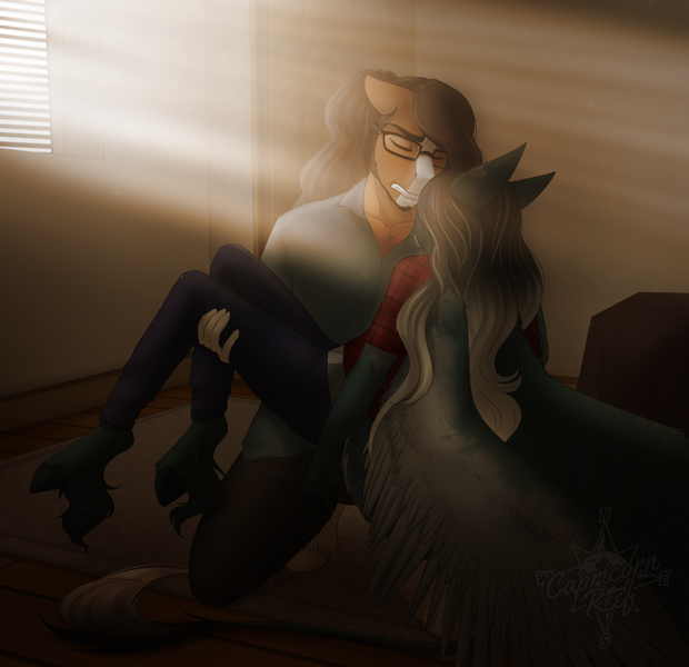 Size: 3012x2916 | Tagged: anthro, anthro oc, artist:askbubblelee, carrying, clothes, death by coffee, derpibooru import, dewclaw, female, glasses, male, oc, oc:pandie, oc:walter nutt, oc x oc, room, safe, shipping, straight, sunlight, unofficial characters only
