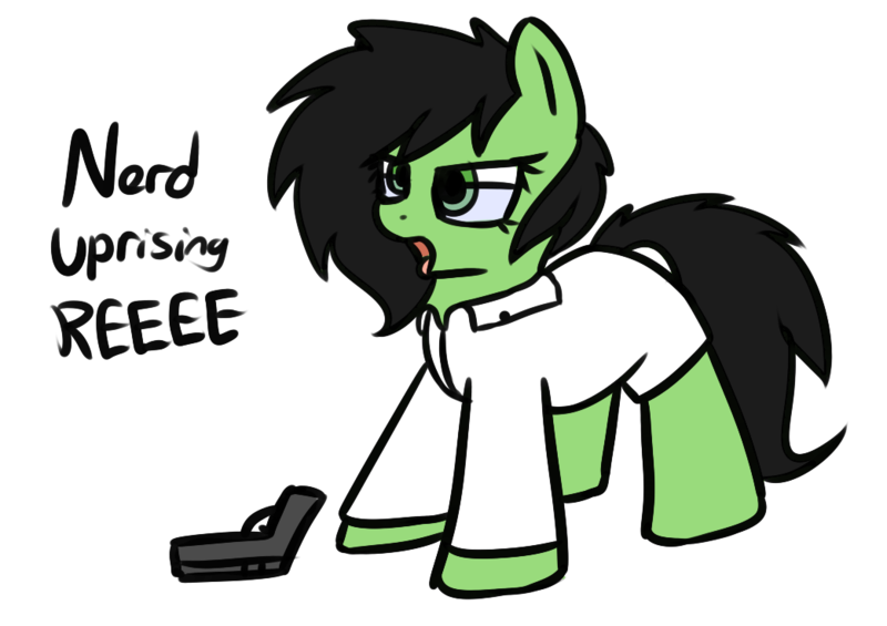 Size: 1042x736 | Tagged: safe, artist:neuro, derpibooru import, oc, oc:anonfilly, unofficial characters only, angry video game nerd, clothes, cute, female, filly, glasses, gun, handgun, lab coat, nerd, open mouth, pistol, reeee, simple background, solo, talking, tongue out, transparent background, weapon