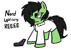 Size: 1042x736 | Tagged: safe, artist:neuro, derpibooru import, oc, oc:anonfilly, unofficial characters only, angry video game nerd, clothes, cute, female, filly, glasses, gun, handgun, lab coat, nerd, open mouth, pistol, reeee, simple background, solo, talking, tongue out, transparent background, weapon