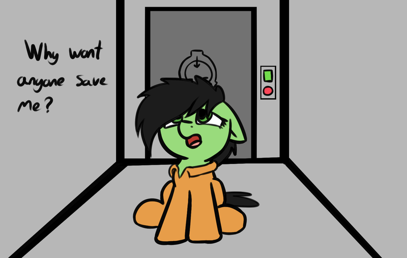 Size: 1543x977 | Tagged: safe, artist:neuro, derpibooru import, oc, oc:anonfilly, unofficial characters only, pony, clothes, d-class, door, female, filly, misspelling, prison outfit, sad, scp, scp foundation, sitting, solo