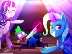 Size: 1360x1020 | Tagged: safe, artist:the-butch-x, derpibooru import, spike, starlight glimmer, trixie, dragon, pony, unicorn, assistant, bowtie, box, box sawing trick, cape, clothes, commission, female, glowing horn, hilarious in hindsight, magic, magic act, magic show, magic trick, mare, out of character, saw, screaming, signature, telekinesis, this will end in death, this will end in tears, this will end in tears and/or death, this will not end well, trixie's cape