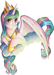 Size: 1101x1528 | Tagged: safe, artist:andypriceart, derpibooru import, idw, princess celestia, alicorn, pony, spoiler:comic65, cloud, cropped, female, hooves, horn, jewelry, lying on a cloud, mare, on a cloud, regalia, simple background, smiling, solo, spread wings, tiara, transparent background, wings