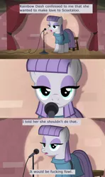 Size: 1280x2160 | Tagged: suggestive, derpibooru import, edit, edited screencap, screencap, maud pie, rainbow dash, scootaloo, chicken, earth pony, pony, the maud couple, comic, female, implied foalcon, implied lesbian, implied sex, mare, maud the comedian, microphone, pun, scootachicken, screencap comic, solo, stage, stand-up comedy, vulgar