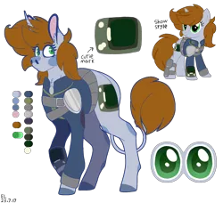 Size: 2248x2048 | Tagged: safe, artist:moonhowlerel, derpibooru import, oc, oc:littlepip, unofficial characters only, pony, unicorn, fallout equestria, fanfic, clothes, coat markings, cutie mark, ear fluff, fanfic art, female, hooves, horn, image, leonine tail, looking sideways, mare, pipbuck, png, reference sheet, simple background, smiling, solo, transparent background, twitterina design, vault suit