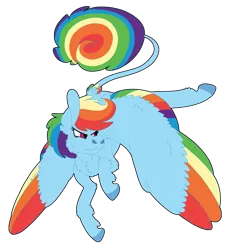 Size: 1280x1405 | Tagged: safe, artist:moonhowlerel, derpibooru import, rainbow dash, pegasus, pony, chest fluff, colored wings, female, flying, leonine tail, mare, multicolored wings, rainbow wings, simple background, solo, spread wings, tail feathers, transparent background, wings