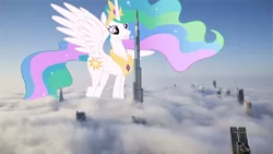 Size: 2500x1406 | Tagged: safe, artist:sonofaskywalker, derpibooru import, princess celestia, pony, horse play, burj khalifa, city, dubai, female, giant ponies in real life, giant pony, giantess, giantlestia, irl, macro, photo, ponies in real life, smiling, solo