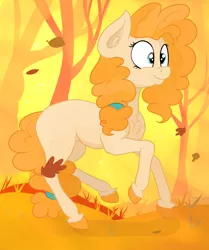 Size: 2878x3445 | Tagged: safe, artist:paskanaakka, derpibooru import, pear butter, earth pony, pony, autumn, butt freckles, chest fluff, colored hooves, ear fluff, female, freckles, galloping, mare, missing cutie mark, shoulder freckles, smiling, solo, unshorn fetlocks