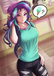 Size: 706x1000 | Tagged: safe, artist:the-park, derpibooru import, starlight glimmer, human, equestria girls, adorasexy, beanie, breasts, busty starlight glimmer, clothes, cute, female, food, glimmerbetes, hat, human coloration, humanized, ice cream, looking at you, pants, pictogram, sexy, shirt, signature, smiling, solo, that human sure does love ice cream