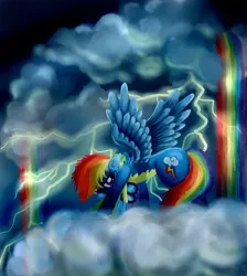 Size: 1024x1145 | Tagged: safe, artist:catscratchpaper, derpibooru import, rainbow dash, pegasus, pony, badass, clothes, cutie mark, female, goggles, lightning, looking at you, mare, rainbow waterfall, solo, spread wings, storm, uniform, wings, wonderbolts uniform
