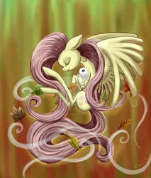 Size: 900x1057 | Tagged: safe, artist:catscratchpaper, derpibooru import, angel bunny, fluttershy, pegasus, pony, rabbit, abstract background, duo, eyes closed, female, floating, holding, hug, leaves, male, mare, profile, smiling, spread wings, watermark, wings