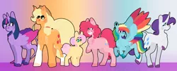 Size: 3560x1440 | Tagged: safe, artist:moonhowlerel, derpibooru import, applejack, fluttershy, pinkie pie, rainbow dash, rarity, twilight sparkle, twilight sparkle (alicorn), alicorn, earth pony, pegasus, pony, unicorn, abstract background, alternate universe, chest fluff, coat markings, colored wings, cowboy hat, curved horn, cutie mark, ear piercing, earring, female, flying, food, freckles, hat, jewelry, leonine tail, lidded eyes, long ears, mane six, mare, piercing, raised hoof, size difference, smiling, spread wings, straw in mouth, thick eyebrows, wheat, wings