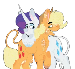 Size: 2248x2048 | Tagged: safe, artist:moonhowlerel, derpibooru import, applejack, rarity, earth pony, pony, unicorn, cloven hooves, curved horn, cutie mark, eyeshadow, female, freckles, image, leaning, leonine tail, lesbian, long horn, looking at each other, makeup, mare, open mouth, png, raised hoof, rarijack, shipping, simple background, smiling, transparent background, twitterina design