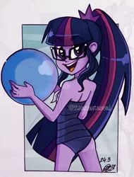 Size: 974x1280 | Tagged: safe, artist:antych, derpibooru import, sci-twi, twilight sparkle, equestria girls, equestria girls series, forgotten friendship, attached skirt, ball, blue swimsuit, clothes, female, glasses, looking at you, looking back, looking back at you, one-piece swimsuit, open mouth, ponytail, skirt, solo, swimsuit, watermark