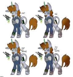 Size: 4048x4248 | Tagged: safe, artist:moonhowlerel, derpibooru import, oc, oc:littlepip, unofficial characters only, pony, unicorn, fallout equestria, fanfic, absurd resolution, base used, big ears, clothes, cloven hooves, curved horn, ear fluff, fanfic art, female, freckles, glowing horn, gun, handgun, hooves, horn, image, leonine tail, levitation, little macintosh, magic, mare, pipbuck, png, progress, revolver, scar, serious, serious face, simple background, solo, telekinesis, transparent background, twitterina design, vault suit, weapon