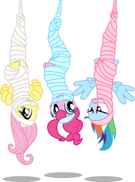 Size: 3152x4245 | Tagged: questionable, artist:nxzc88, derpibooru import, fluttershy, pinkie pie, rainbow dash, earth pony, pegasus, pony, absurd resolution, blushing, bondage, female, females only, fetish, gag, hanging, hanging upside down, high res, mummification, mummified, rainbow dash is not amused, ribbon, show accurate, show accurate porn, simple background, smiling, spread wings, squirming, suspended, transparent background, trio, trio female, unamused, upside down, vector, wings
