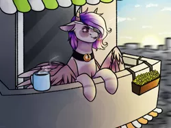 Size: 1024x768 | Tagged: safe, artist:eggymy, deleted from derpibooru, derpibooru import, oc, oc:mayumi, unofficial characters only, pegasus, pony, balcony, bandage, bell, bell collar, cigarette, city, coffee, collar, female, flower, horns, mare, solo