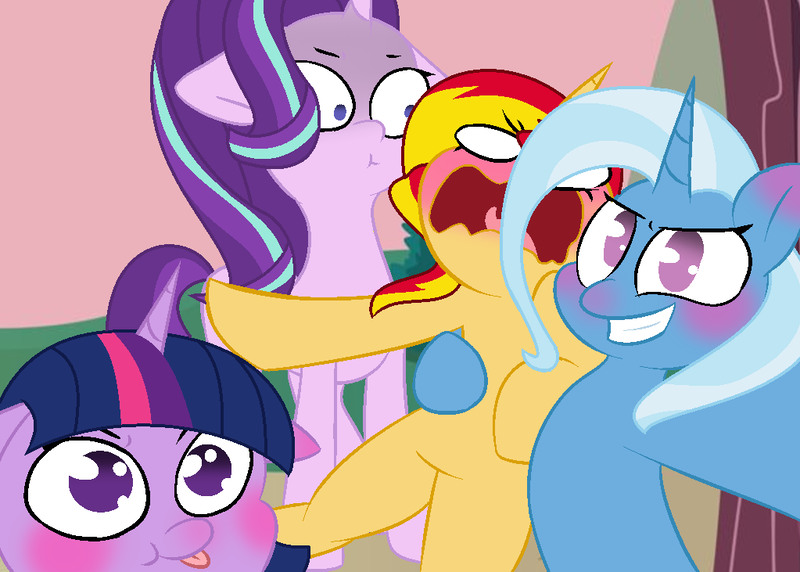 Size: 1023x731 | Tagged: safe, artist:leanne264, derpibooru import, starlight glimmer, sunset shimmer, trixie, twilight sparkle, twilight sparkle (alicorn), alicorn, pony, base used, blushing, faic, inconvenient twilight, magical quartet, photobomb, selfie, sunset shimmer gets all the mares, woonoggles