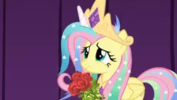 Size: 1920x1080 | Tagged: safe, derpibooru import, screencap, fluttershy, pegasus, pony, horse play, bouquet, celestia costume, celestia's crown, clothes, cosplay, costume, crown, cute, discovery family logo, fake horn, female, flower, jewelry, mare, peytral, regalia, rose, shyabetes, shylestia, solo