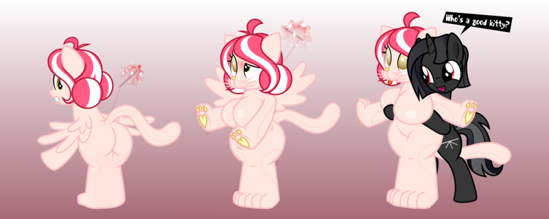 Size: 6638x2654 | Tagged: questionable, artist:nxzc88, derpibooru import, oc, oc:cherry blossom, oc:shurelya, unofficial characters only, anthro, cat, pegasus, pony, unicorn, absurd resolution, anthro with ponies, areola, big breasts, bipedal, breasts, catified, commission, doll, dollified, duo, duo female, featureless crotch, female, females only, fondling, gradient background, gritted teeth, heart, huge breasts, inanimate tf, magic, nipples, nudity, open mouth, paw gloves, paw prints, paws, plushie, plushification, pony to anthro, red eyes, sewing needle, smiling, species swap, speech bubble, stitches, telekinesis, tongue out, transformation, transformation sequence, vector