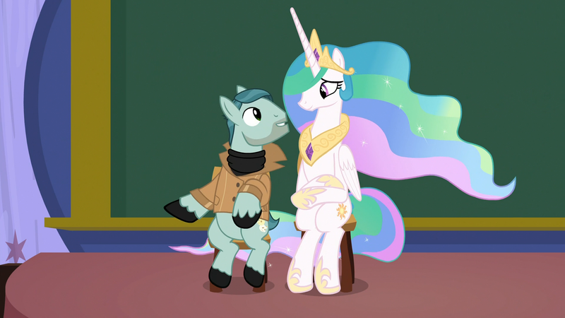 Size: 1920x1080 | Tagged: safe, derpibooru import, screencap, on stage, princess celestia, alicorn, pony, horse play, cute, cutelestia, discovery family logo, female, hoof shoes, jewelry, looking at each other, male, mare, peytral, raised hoof, regalia, sitlestia, sitting, size difference, smiling, stallion, unshorn fetlocks