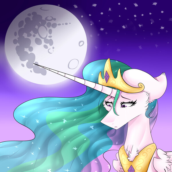 Size: 2000x2000 | Tagged: artist:via2211, crying, derpibooru import, floppy ears, mare in the moon, moon, princess celestia, safe, solo