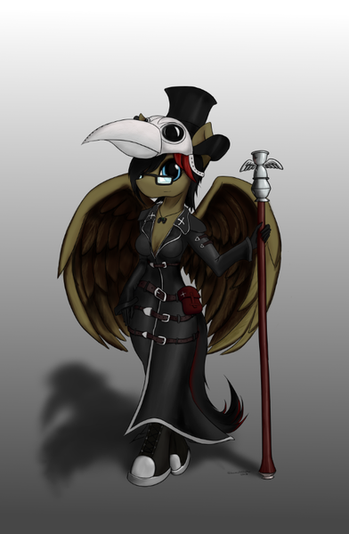 Size: 587x898 | Tagged: anthro, artist:shamziwhite, belts, clothes, coat, converse, derpibooru import, female, glasses, hat, mask, oc, pegasus, plague doctor, plague doctor mask, pouch, safe, shoes, silver, simple background, solo, staff, wings, ych result