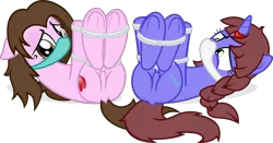 Size: 3100x1628 | Tagged: suggestive, artist:nxzc88, derpibooru import, oc, oc:ditzy theory, oc:love beat, earth pony, pony, unicorn, bondage, bound and gagged, braid, cloth gag, commission, damsel in distress, dock, duo, duo female, featureless crotch, female, females only, floppy ears, frog (hoof), gag, high res, hogtied, horn ring, magic suppression, on back, rope, show accurate, simple background, tied up, transparent background, underhoof, vector