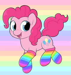 Size: 3797x4000 | Tagged: safe, artist:moozua, derpibooru import, pinkie pie, earth pony, pony, blushing, chibi, clothes, color porn, cute, diapinkes, moozua is trying to murder us, rainbow, rainbow background, rainbow socks, sockies, socks, solo, striped socks