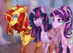 Size: 1600x1160 | Tagged: safe, artist:castaspellliana, derpibooru import, starlight glimmer, sunset shimmer, twilight sparkle, twilight sparkle (alicorn), alicorn, pony, unicorn, coat markings, counterparts, curved horn, female, horn, mare, smiling, trio, twilight's counterparts