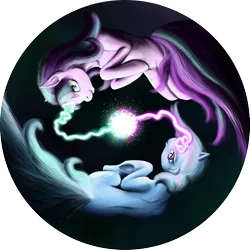 Size: 1024x1024 | Tagged: safe, artist:srnecka-art, artist:srneckaart, derpibooru import, starlight glimmer, trixie, pony, unicorn, abstract background, cutie mark, duo, female, floating, glowing horn, magic, mare, yin-yang