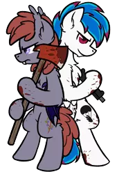 Size: 1449x2112 | Tagged: semi-grimdark, artist:moemneop, derpibooru import, oc, oc:kami, oc:lukida, unofficial characters only, bat pony, axe, back to back, bipedal, blood, female, gun, left 4 dead, lukami, male, mare, simple background, stallion, transparent background, weapon