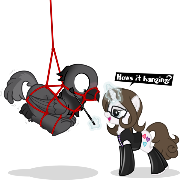 Size: 3541x3536 | Tagged: questionable, artist:nxzc88, derpibooru import, oc, oc:pyrisa miracles, oc:varrick, unofficial characters only, gryphon, pony, unicorn, bdsm, bondage, bound and gagged, chest fluff, clothes, corset, dominatrix, duo, female, femdom, gag, glowing horn, griffon oc, high res, hoofless socks, image, latex, latex corset, latex socks, leg warmers, levitation, magic, male, malesub, open mouth, png, pun, riding crop, rope, rope bondage, shibari, show accurate, show accurate porn, simple background, smiling, smirk, socks, speech, speech bubble, stroking, submissive, suspended, suspension bondage, telekinesis, transparent background, vector, wide eyes, wiggle