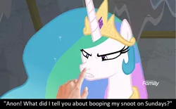 Size: 960x595 | Tagged: safe, derpibooru import, edit, edited screencap, screencap, princess celestia, oc, oc:anon, human, pony, horse play, angry, boop, boop edit, bronybait, caption, discovery family logo, hand, meta, non-consensual booping, sillestia, silly, silly pony, text, this will end in pain