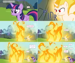 Size: 2564x2168 | Tagged: safe, artist:hakunohamikage, derpibooru import, sunset shimmer, twilight sparkle, twilight sparkle (alicorn), alicorn, pony, ask-princesssparkle, ask, fire, high res, magic, rapidash shimmer, runes, tumblr