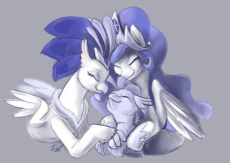 Size: 1024x725 | Tagged: alicorn, artist:verumtee, classical hippogriff, derpibooru import, family photo, female, gray background, group hug, hippogriff, hug, lesbian, momlestia, mother and daughter, my little pony: the movie, novolestia, princess celestia, princess skystar, queen novo, safe, shipping, simple background, sketch, trio