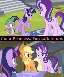 Size: 1920x2312 | Tagged: safe, derpibooru import, edit, edited screencap, screencap, applejack, spike, starlight glimmer, twilight sparkle, twilight sparkle (alicorn), alicorn, dragon, earth pony, pony, unicorn, horse play, caption, cute, grin, happy, smiling, squee, stage, text, theater, wide eyes