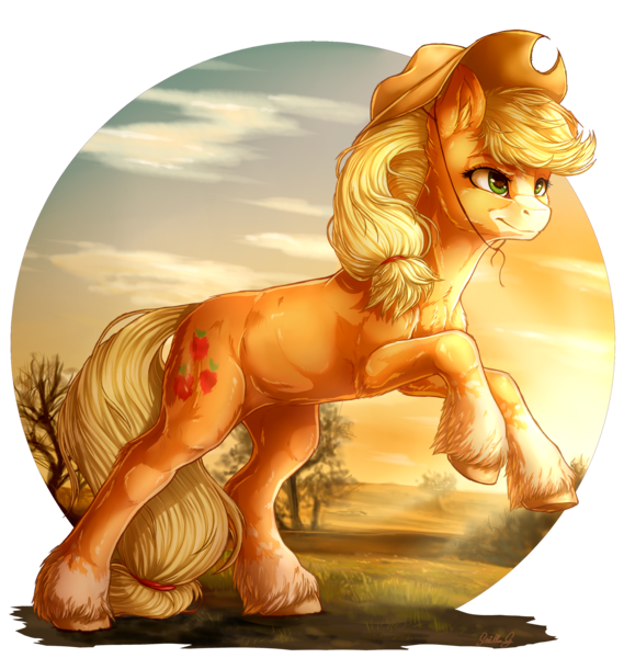 Size: 4359x4600 | Tagged: safe, artist:gaelledragons, derpibooru import, applejack, pony, absurd resolution, cowboy hat, female, hat, solo, stetson, sunrise, unshorn fetlocks