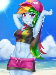 Size: 800x1067 | Tagged: safe, artist:tzc, derpibooru import, rainbow dash, equestria girls, equestria girls series, forgotten friendship, abs, adorasexy, armpits, beach, belly button, board shorts, breasts, busty rainbow dash, cap, clothes, crepuscular rays, cute, dashabetes, female, hat, looking at you, midriff, ocean, sand, sexy, shorts, smiling, solo, swimsuit