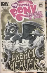 Size: 1321x2048 | Tagged: safe, artist:andypriceart, derpibooru import, princess luna, alicorn, opossum, pony, cloud, crown, cutie mark, dream weaver, female, hooves, horn, jewelry, looking at you, lying on a cloud, mare, monochrome, my little pony logo, on a cloud, pet, prone, regalia, smiling, spread wings, text, tiara, traditional art, wings