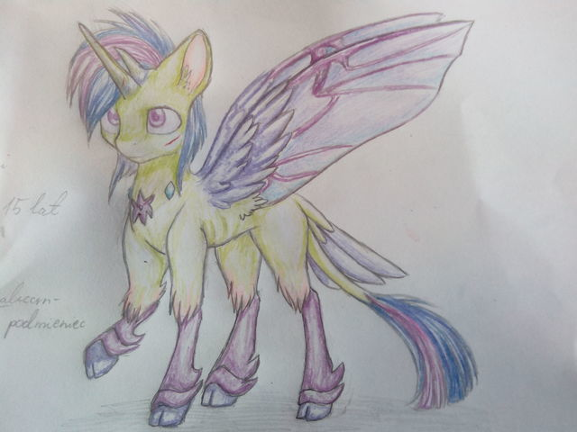 Size: 640x480 | Tagged: alicorn, artist:shitstorm maker, changedling, changeling, changepony, cloven hooves, derpibooru import, green coat, hybrid, hybrid wings, insect wings, interspecies offspring, male, multiple horns, next generation, oc, oc:viridi lux, offspring, parents:twirax, parent:thorax, parent:twilight sparkle, polish, purple eyes, safe, scar, simple background, spread wings, traditional art, unofficial characters only, white background, wings